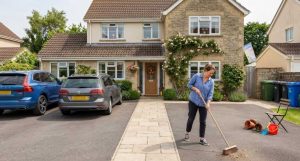 Homeowner preparing a driveway by sweeping the surface and clearing clutter before guests arrive