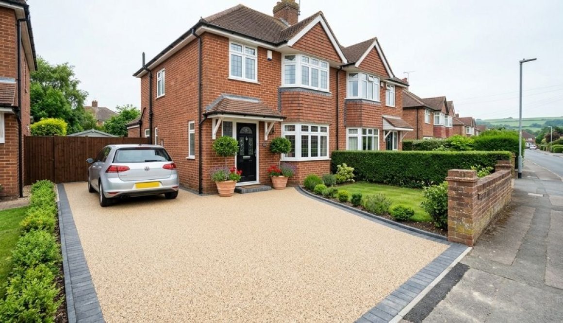 Resin bound driveway with block paving border outside a home in Taunton, Somerset