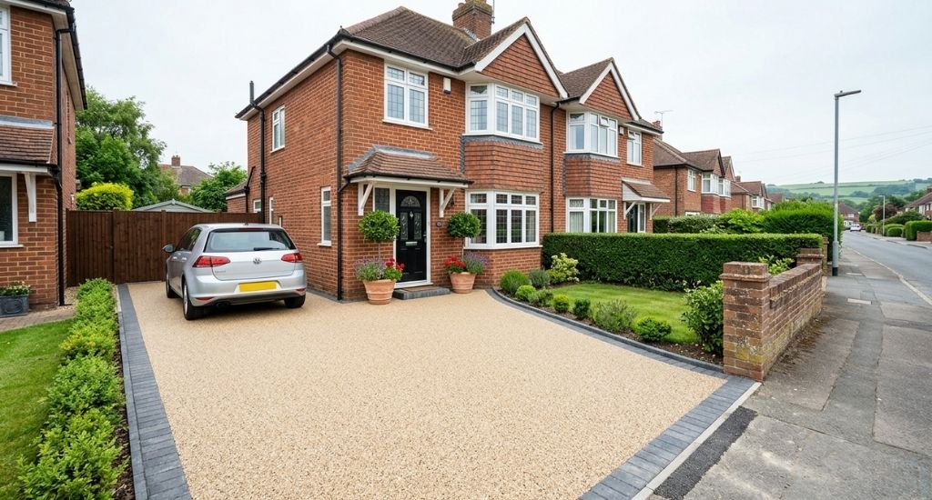 Resin bound driveway with block paving border outside a home in Taunton, Somerset