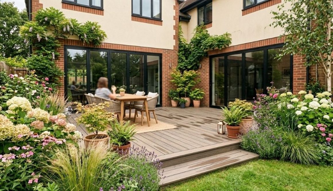 Composite garden decking installed in a Yeovil back garden with steps down to a lawn