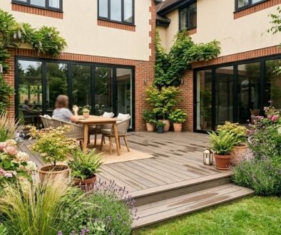 Composite garden decking installed in a Yeovil back garden with steps down to a lawn