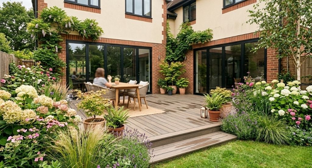 Composite garden decking installed in a Yeovil back garden with steps down to a lawn