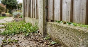 Concrete post and gravel board keeping a timber fence panel clear of wet ground