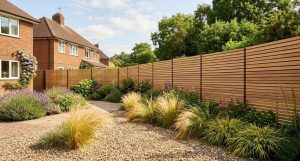 Contemporary horizontal slatted fencing in a landscaped Bridgwater garden