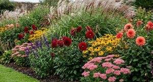 Dahlias, rudbeckia and ornamental grasses in a Somerset garden border