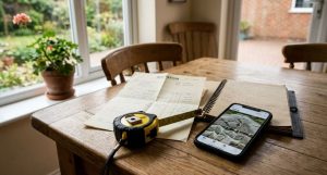 Documents and photographs gathered as evidence of defective driveway work in Devon