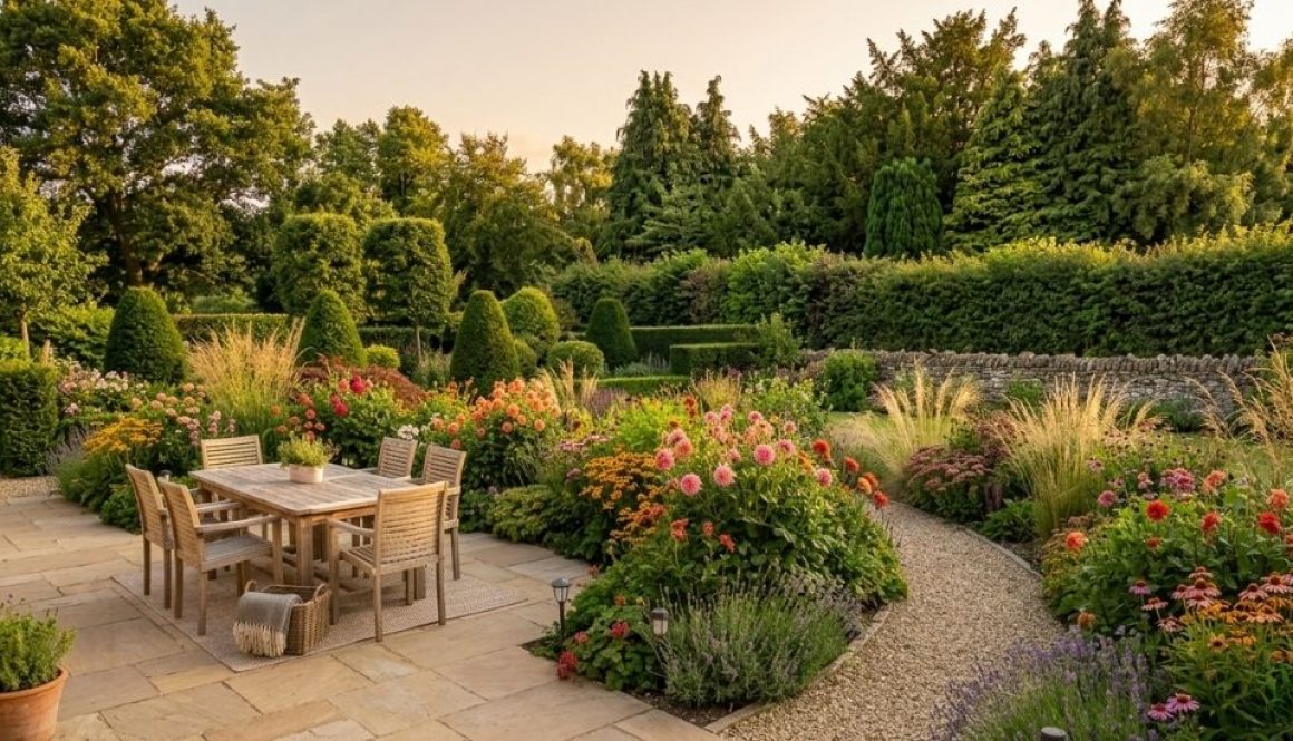 Late summer garden landscaping in a Somerset home with a sandstone patio and planted borders