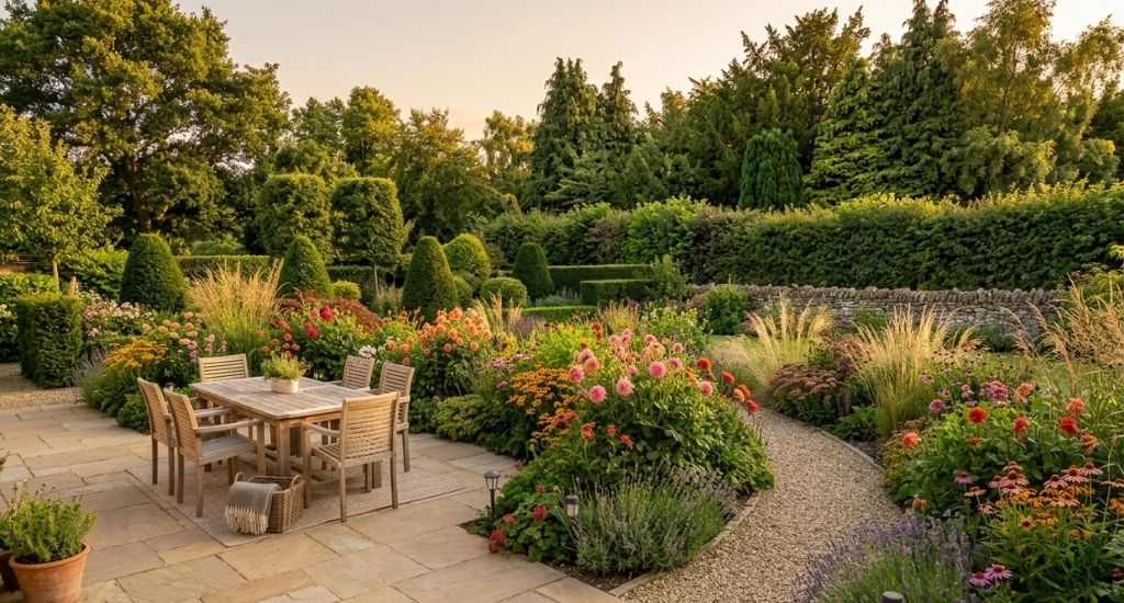 Late summer garden landscaping in a Somerset home with a sandstone patio and planted borders