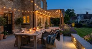 Patio lit with string lights and step lighting for summer evening entertaining in Exeter