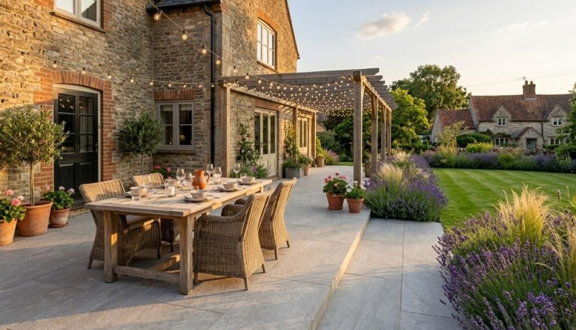 Porcelain patio set for outdoor dining behind a family home in Exeter, Devon