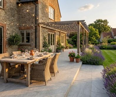 Porcelain patio set for outdoor dining behind a family home in Exeter, Devon