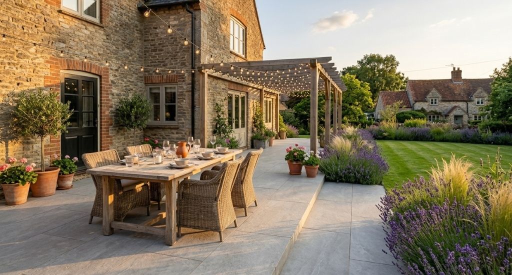 Porcelain patio set for outdoor dining behind a family home in Exeter, Devon