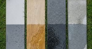 Porcelain, sandstone, granite and concrete paving samples shown wet and dry for an Exeter patio