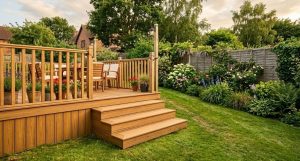 Raised timber decking with balustrade and steps on a sloping Somerset garden