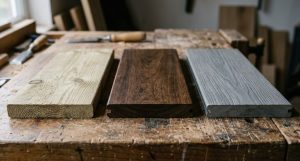 Softwood, hardwood and composite decking board samples compared side by side