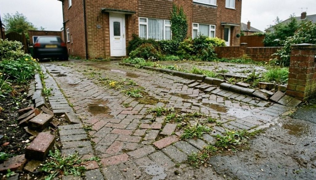 Sunken and uneven block paved driveway showing failed rogue builder workmanship in Devon