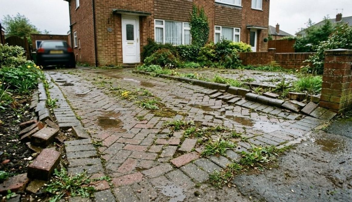 Sunken and uneven block paved driveway showing failed rogue builder workmanship in Devon