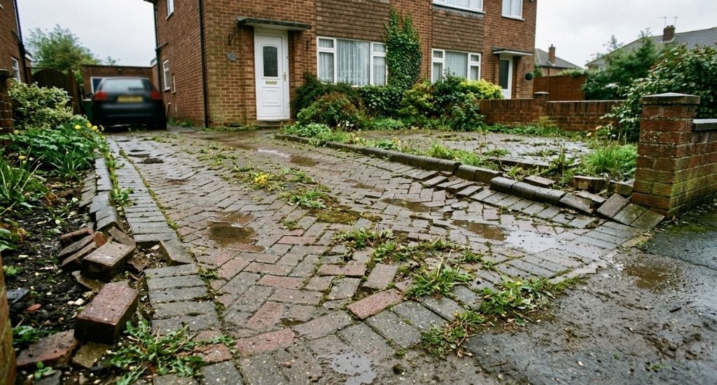 Sunken and uneven block paved driveway showing failed rogue builder workmanship in Devon