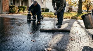 Worker applying asphalt sealer with a squeegee across a residential driveway
