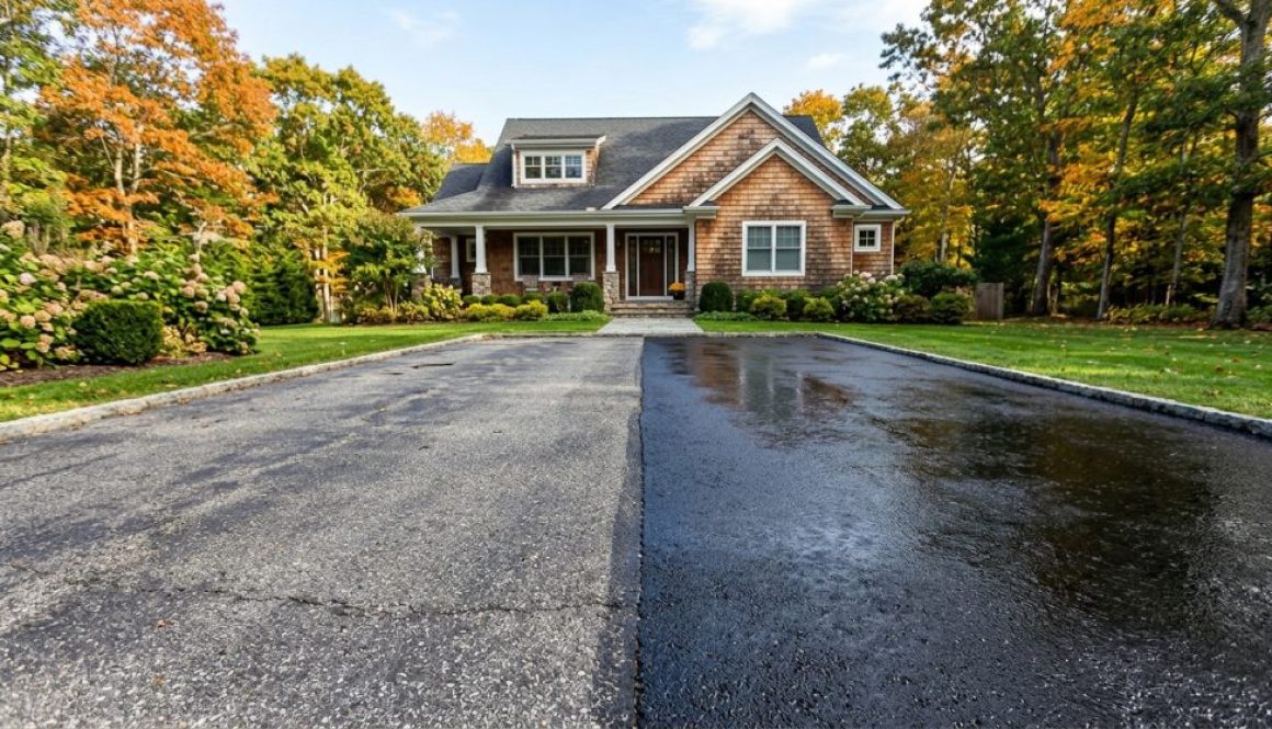 Asphalt driveway showing faded gray pavement beside a freshly sealcoated black surface