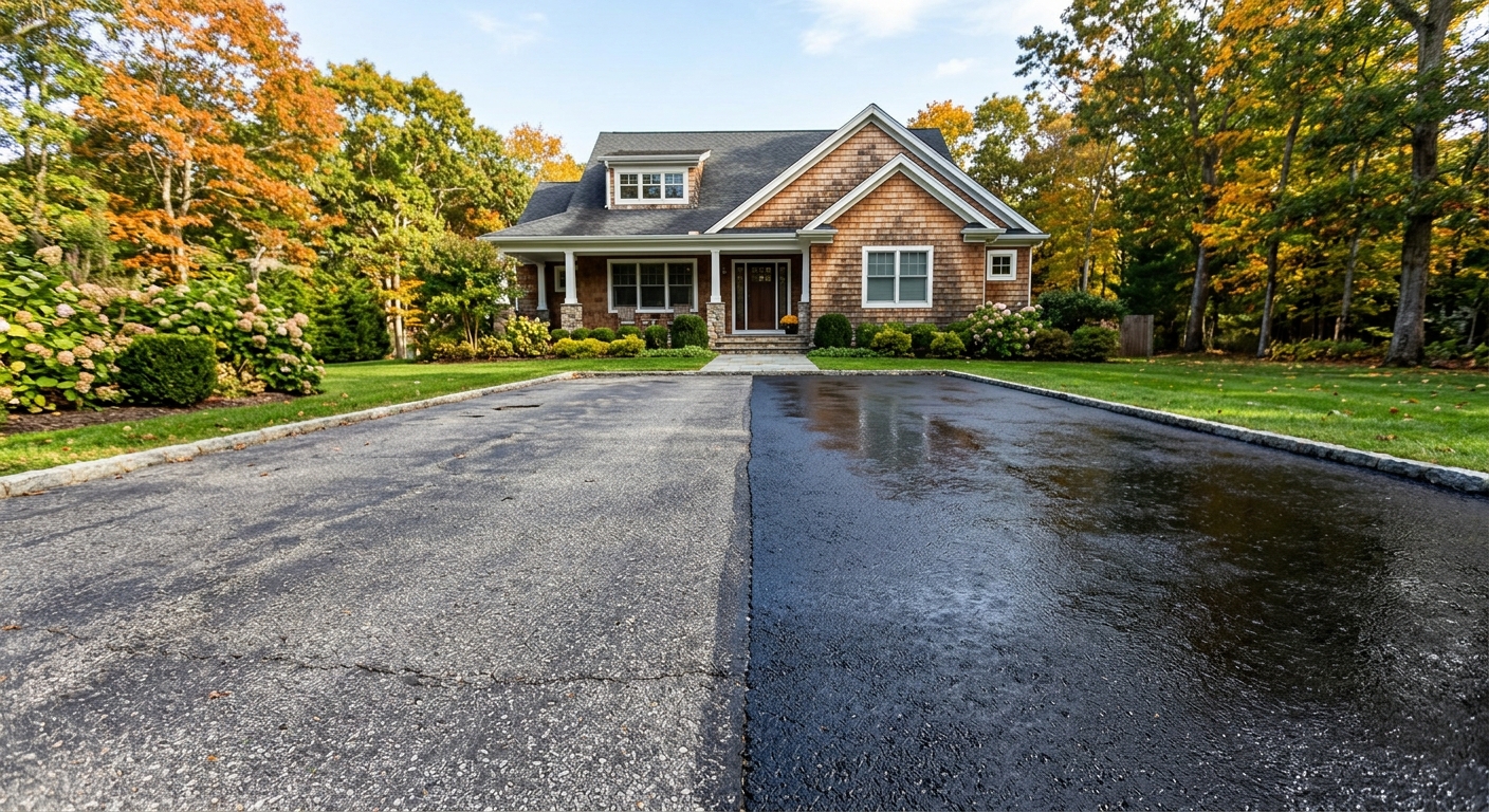 Asphalt driveway showing faded gray pavement beside a freshly sealcoated black surface