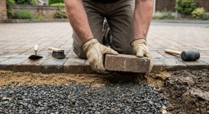 Contractor lifting an edge paving block to inspect the sub-base beneath a driveway