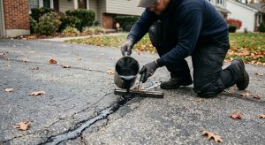 Contractor filling cracks in an asphalt driveway before sealcoating