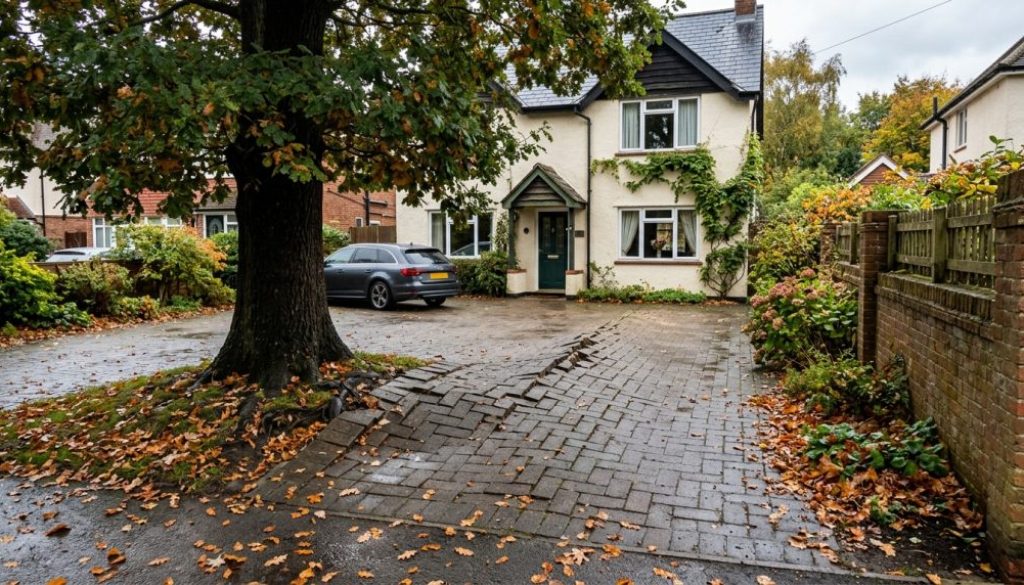Block paving driveway lifted into a ridge by tree roots beside a mature tree