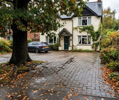 Block paving driveway lifted into a ridge by tree roots beside a mature tree