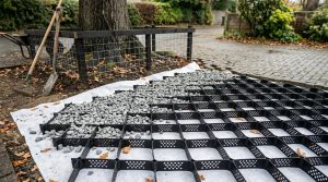 Cellular confinement grid and geotextile membrane forming a no-dig driveway base near a tree
