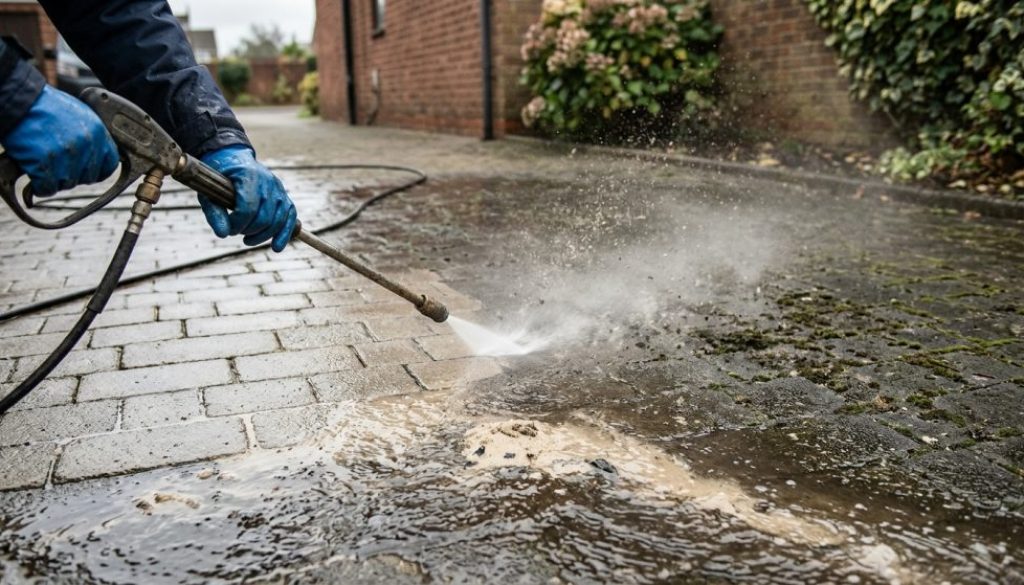 Pressure washer cleaning block paving with jointing sand washing out of the joints