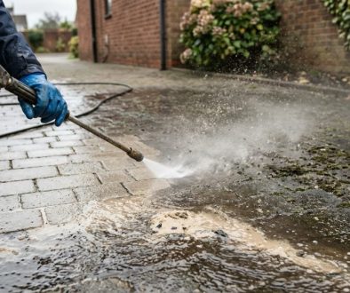 Pressure washer cleaning block paving with jointing sand washing out of the joints