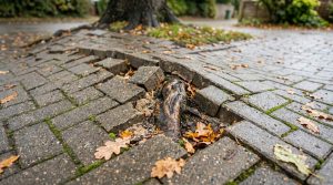 Close-up of block pavers tilted upward by a tree root growing beneath the surface