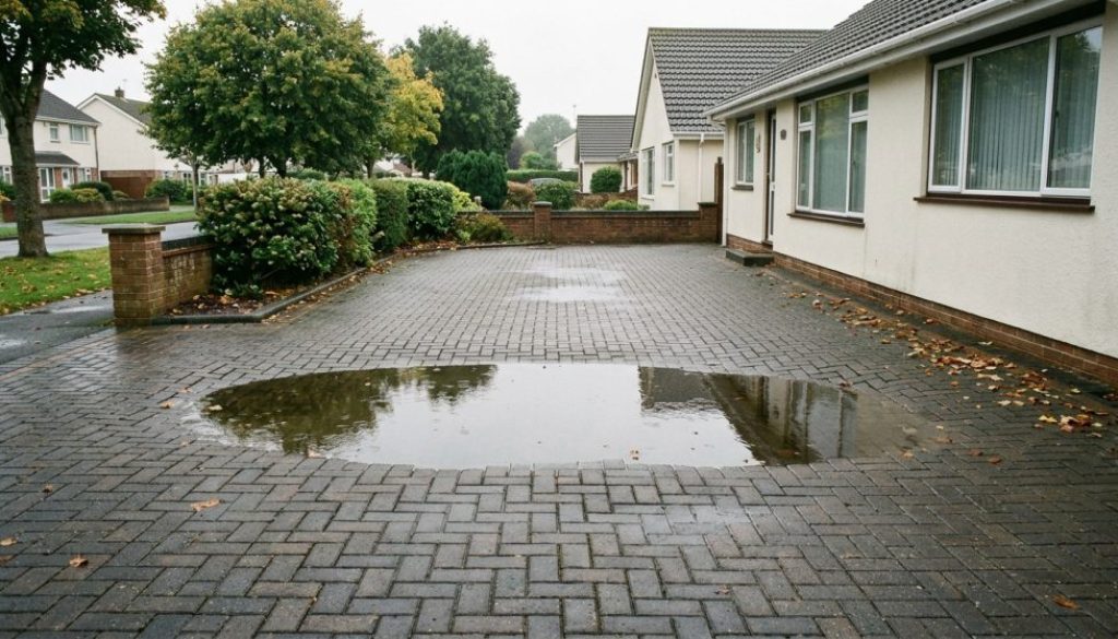 Shallow dip holding rainwater on a block paved driveway after autumn rain in the South West