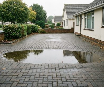 Shallow dip holding rainwater on a block paved driveway after autumn rain in the South West