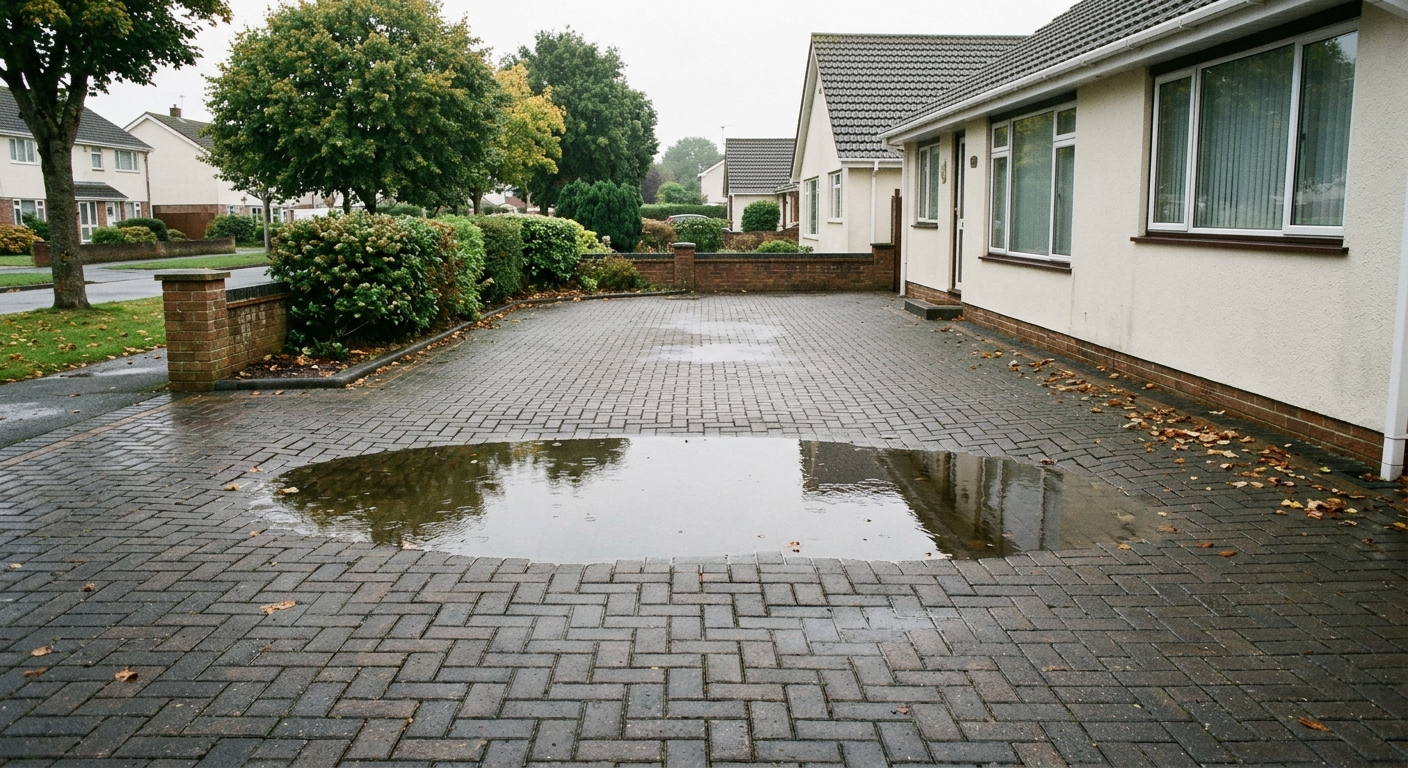 Shallow dip holding rainwater on a block paved driveway after autumn rain in the South West