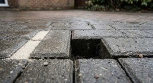 Block paving joints emptied of kiln dried sand next to joints still correctly filled